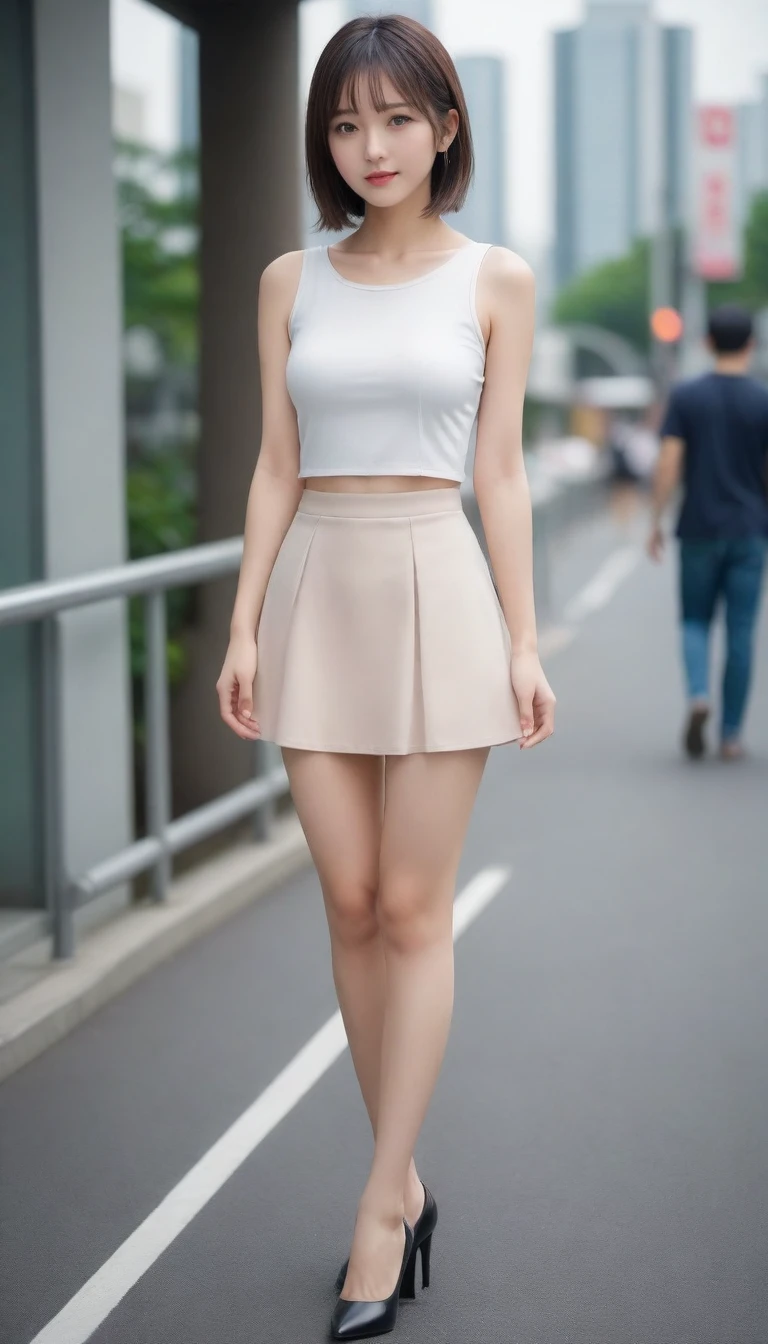 8k, photo realistic, Scores 9, 8, 7, 6, full-body portrait, detailed, very sharp, vivid, solo, Tokyo street, high heel, very long legs, small face, tall, beautiful eyes, beautiful thighs, one piece, short hair, front low view, low angle:1.5, beautiful big breasts, slender, the most beautiful woman, double eyelid, beautiful japanese woman, 25 yo, slim beautiful legs, very short micro mini skirt, sit on guardrail, off_sholders, show off pantie, show thighs, look down viewer, lift up skirt