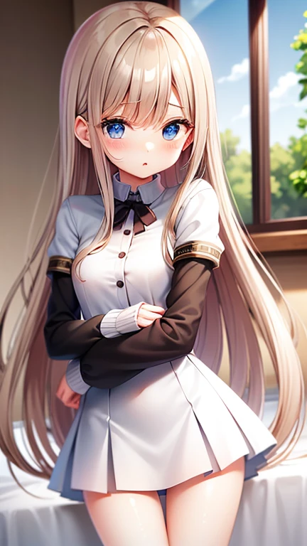 masterpiece , Highest quality , detailed , woman , bangs , uniform , (From before) , Prostration, Shiny platinum blonde silky super long straight hair, beautiful shiny bangs, Big clear sky blue eyes, Very beautiful bright eye highlights, Embarrassing, blush