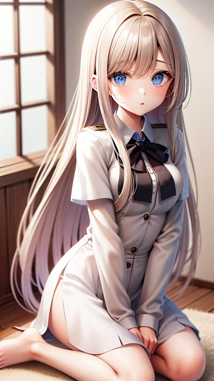 masterpiece , Highest quality , detailed , woman , bangs , uniform , (From before) , Prostration, Shiny platinum blonde silky super long straight hair, beautiful shiny bangs, Big clear sky blue eyes, Very beautiful bright eye highlights, Embarrassing, blush