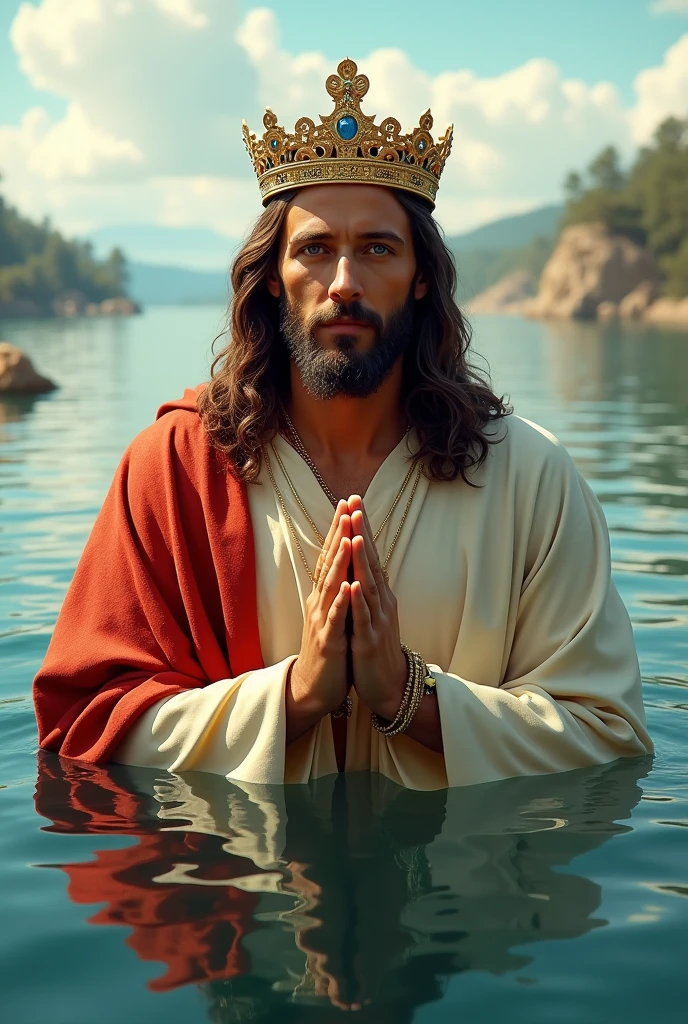 Perfect hand 5 finger, Portrait of a handsome Jesus Christ wearing the king clothes with crown of king floating in the water, Jesus Christ, real blue eyes, sunny day, intricate details.real Jesus Christ, straight head face, Straight body.Prayer Jesus Christ, perfect full body, perfect hands finger,Prayer Jesus Christ, praying Jesus Christ backgrounds natural photographic