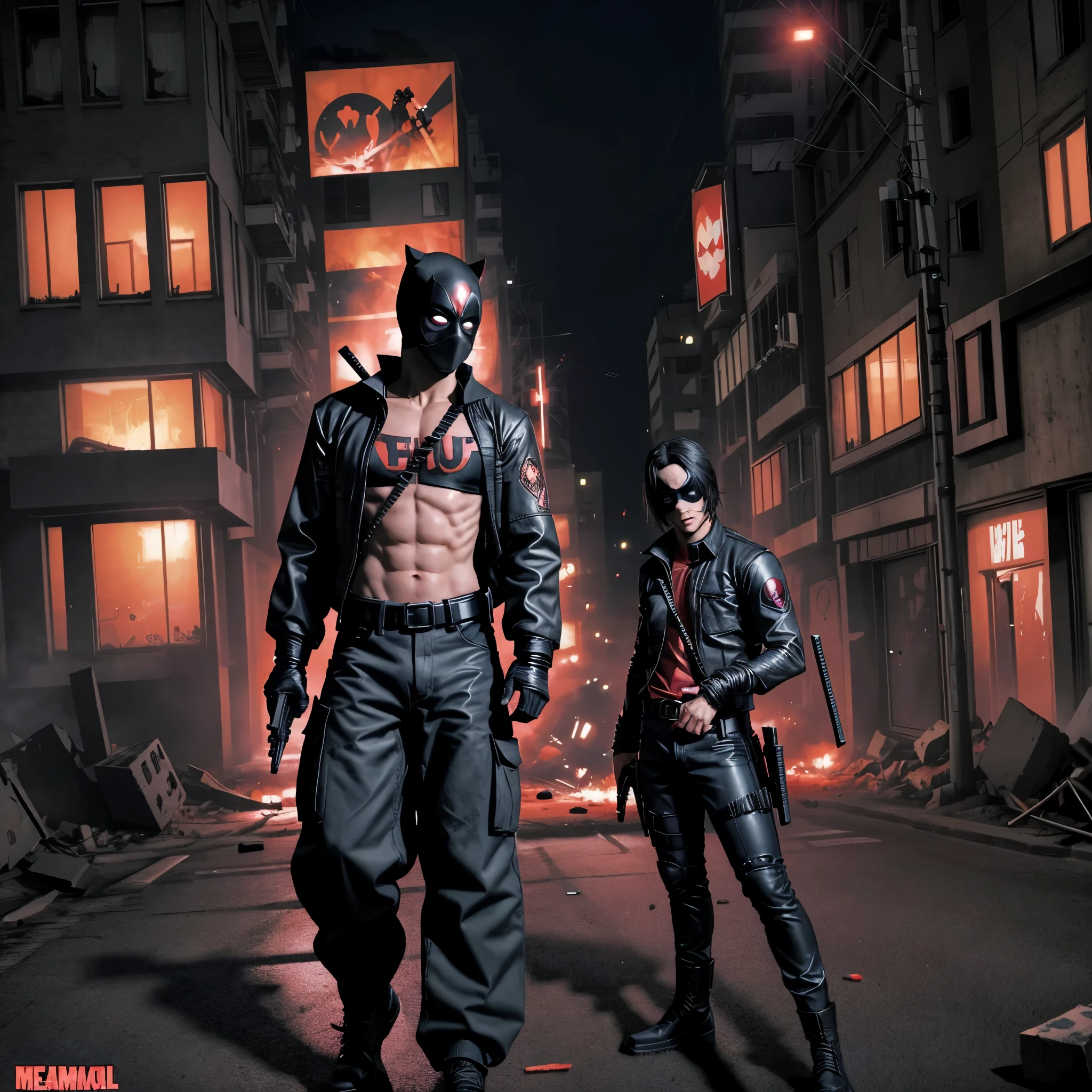 A sarcastic anti-hero in a red and black costume, wielding dual katanas and a gun, standing confidently amidst the urban chaos. The character has a masked face with expressive white eyes., in a dynamic action pose, mixing comedy and intensity. The background features a destroyed city street with debris and small explosions.. The overall scene is vivid with dramatic lighting and a comic book feel. high detailed colors, hyper-realistic and vibrant. Deadpool style