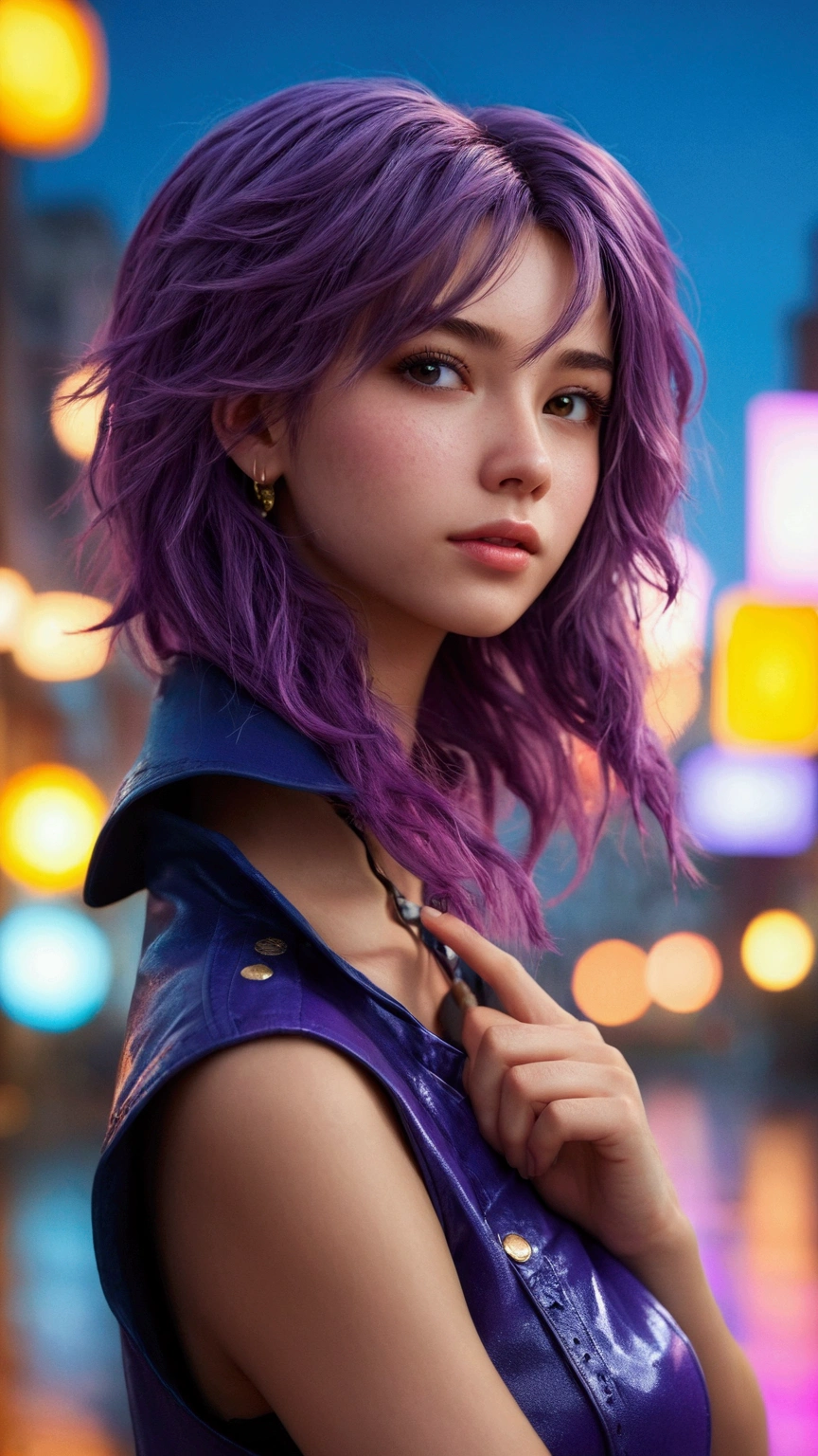 (at night), alone, in a video game scene a background of a beautiful city during the day raining, standing at attention, purple hair, lightning behind her, lightning coming out of her hand ((purple hair)), 1 girl, alone, 20 years old, young woman, perfect hands, beautiful and perfect fingers, long beautiful legs, perfect legs, beautiful body, beautiful nose, beautiful character design, perfect face, look at the viewer with a serious gesture and in a standing position attack (focusing on his face), closed mouth, Light_Smile, official art, extremely detailed CG unity 8k wallpaper, perfect lighting, bright and colorful front lighting, glowing skin (masterpiece: 1.0), (best_quality: 1.0), resolution ultra high, 4K, ultra detailed photography, 8K, HDR, high resolution, nonsense: 1.2, Kodak portra 400, film grain, blurred background, bokeh: 1.2, lens flare, (vibrant_color:1.2), professional photography, (beautiful_face : 1.5), (narrow waist),