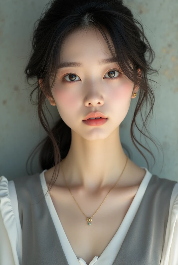 Alafid (Arafed) Asian woman wearing necklace and grey vest, beautiful young Korean woman, gorgeous young Korean woman, beautiful south Korean woman, Korean Girl, a Young Asian woman, Korean woman, Young and cute Korean face, Portrait of a Korean female idol, Young Asian Girl, Beautiful Asian girl, Young Asian woman, Young cute pale Asian face