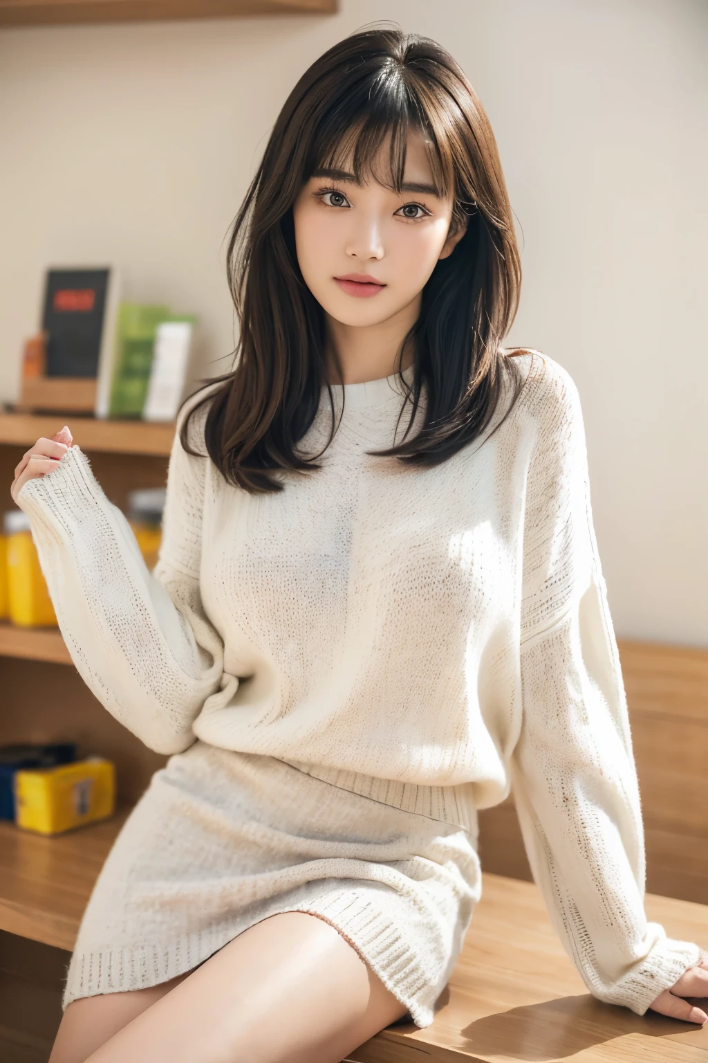 Japanese women, (close:2), (Natural light),Wavy Hair, amount, (Dark brown eyes),(From the side), (Downward eyes),Pouting,
(White sweater),(Dynamic pose)
(See-through curtains, Bright room)