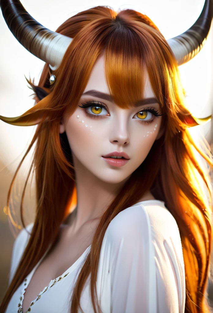 A famale, amber hair, white eyes, Big Curved Horns, HD, UHD, 4K