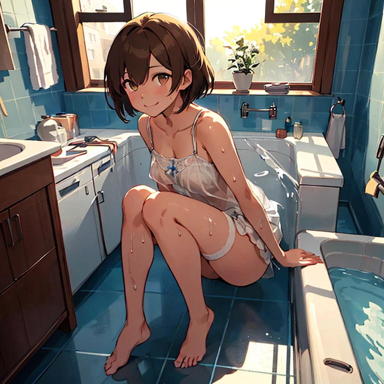 hiryuu_kantaicollection,
short_hair, brown_hair, brown_eyes, one_side_up, smile, 
,(masterpiece:1.4),(best quality:1.4), (amazing), (great illustration:1.4), (ultra-detailed:1.4), (art CG, 8K),(full body:1.4),1girl solo,
1girl solo,camisole, see-through,wet,bathroom