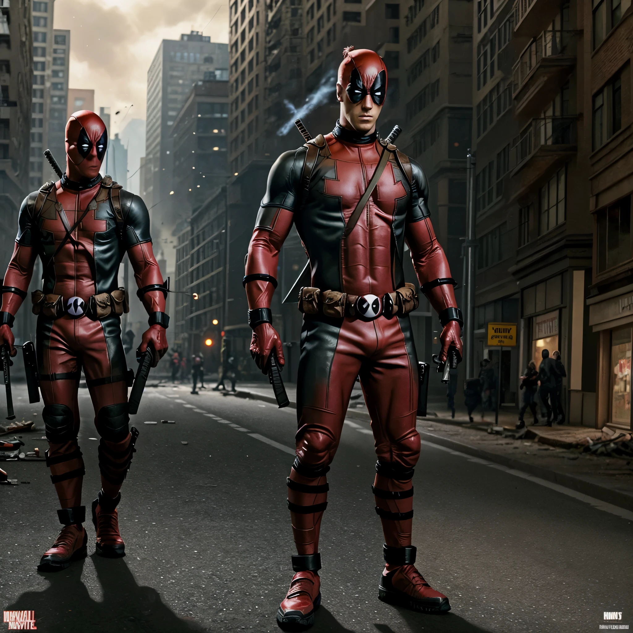 A sarcastic anti-hero in a red and black costume, wielding dual katanas and a gun, standing confidently amidst the urban chaos. The character has a masked face with expressive white eyes., in a dynamic action pose, mixing comedy and intensity. The background features a destroyed city street with debris and small explosions.. The overall scene is vivid with dramatic lighting and a comic book feel. high detailed colors, hyper-realistic and vibrant. Deadpool style