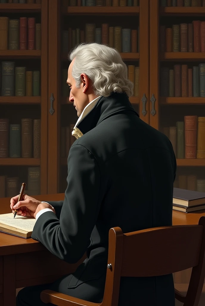 Adam Smith from behind writing a book
