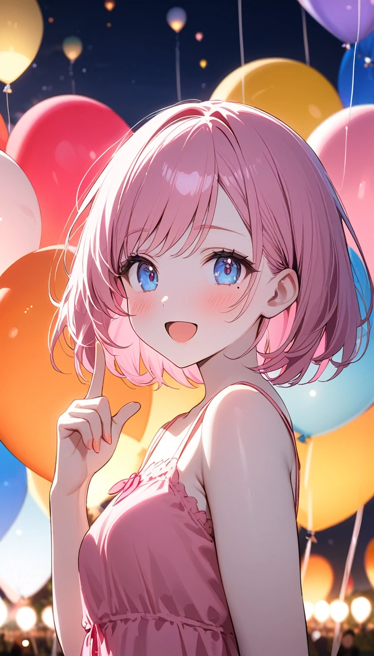 (1 girl),(Best Picture Quality, 8K, Masterpiece:1.3), (high school student:1.5), ((pink lob hair:1.1)), (bob cut),(swept bangs), (cute eyes, pupil black, iris skyblue, youthful face), (mole under right eye), (standard weight), (small breasts),(big hip), (glistening skin:1.1),(pale skin:1.2),(happy:1.3),(pink sundress),(Albuquerque International Balloon Fiesta),(in the night),((portrait)),(index finger raised).
