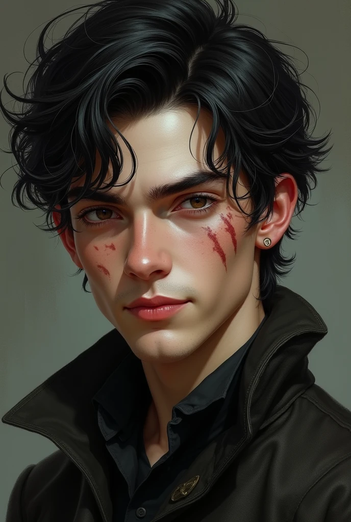 The young man had darker hair, His eyes were brown, He had fair skin but some scars were visible, He was wearing old but dark clothes, She smiled in a very elegant but at the same time daring way.