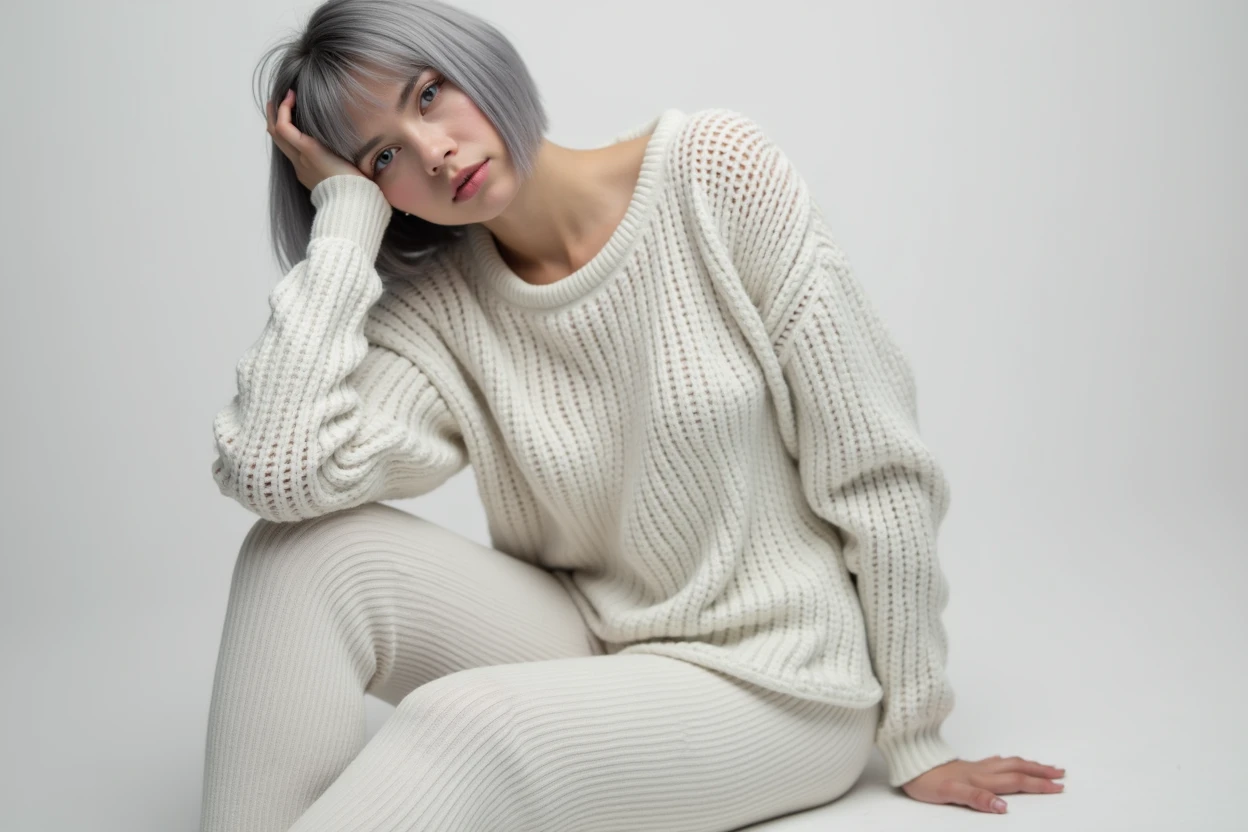 (RAW photo, best quality, masterpiece: 1.2), (photorealistic: 1.4), best lighting, 20 years old, (detail face, detail eyes, light gray eyes, light gray hair, short straight bob cut, Symmetrical eyes, huge breasts :1.3)