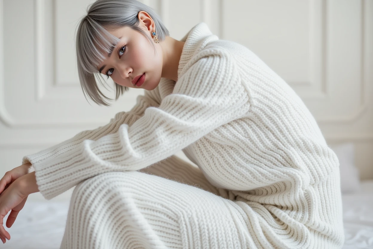 (RAW photo, best quality, masterpiece: 1.2), (photorealistic: 1.4), best lighting, 20 years old, (detail face, detail eyes, light gray eyes, light gray hair, short straight bob cut, Symmetrical eyes, huge breasts :1.3)