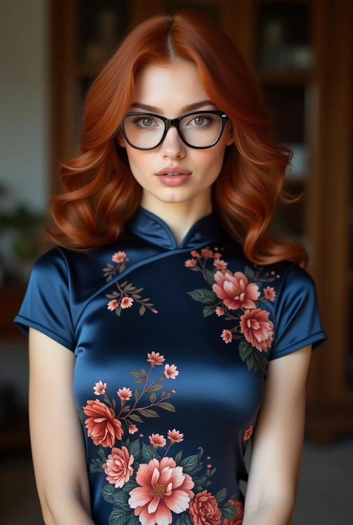 beautiful woman , red hair with brown roots, looking directly at the camera, very realistic, at home,floral navy blue silk cheongsam, clothes tight against body, clothes too tight, film grain, fit muscular body, clothes too tight, , seductive, sexy, short sleeves, glasses