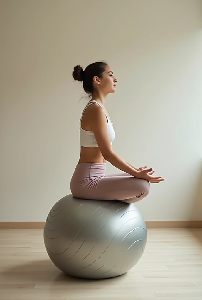 Imagine a girl seated on a yoga ball, her posture relaxed yet balanced. She's sitting with her back straight. The yoga ball itself is slightly compressed under her weight, but it still retains its round shape, supporting her in a gentle, stable manner. The background could be a simple, serene space, maybe a minimalistic room with soft lighting, adding a calm ambiance to the scene. The overall feeling of the image is peaceful and focused, as she embodies both relaxation and strength.
legs fall down with yoga outift