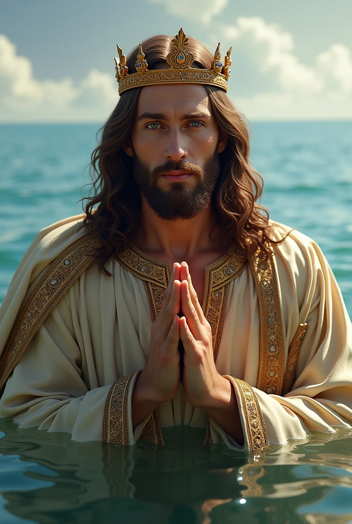 Perfect hand 5 finger, Portrait of a handsome Jesus Christ wearing the king clothes with crown of king floating in the water, Jesus Christ, real blue eyes, sunny day, intricate details.real Jesus Christ, straight head face, Straight body.Prayer Jesus Christ, perfect full body,  perfect hands finger,Prayer Jesus Christ, praying Jesus Christ backgrounds natural photographic