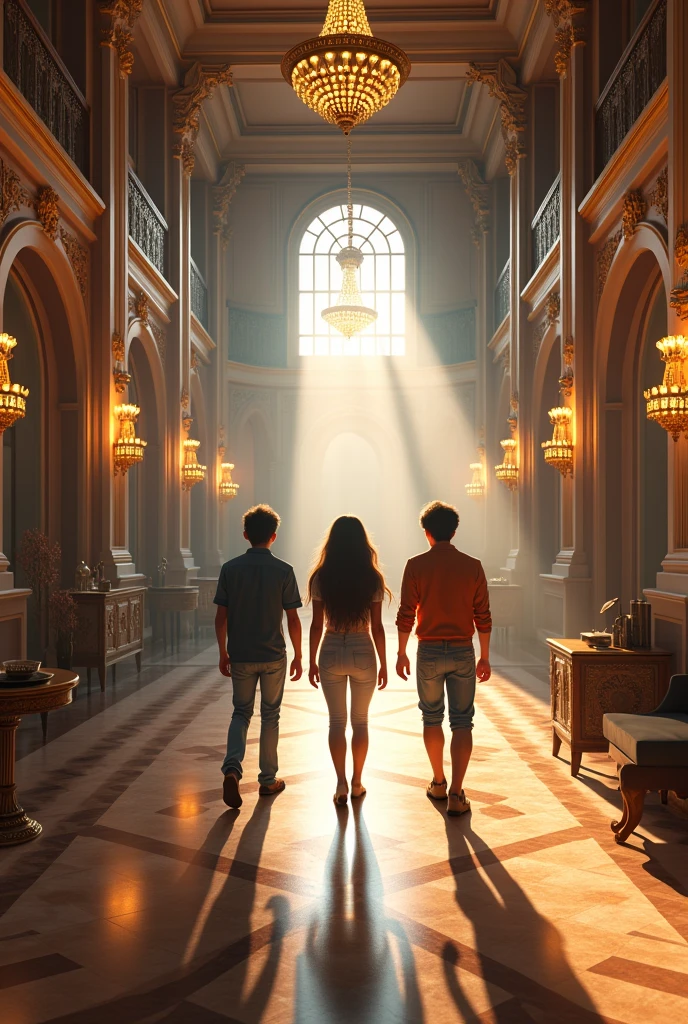 inside the 3 agers (two men and a woman) look at the rooms and large corridors of the mansion