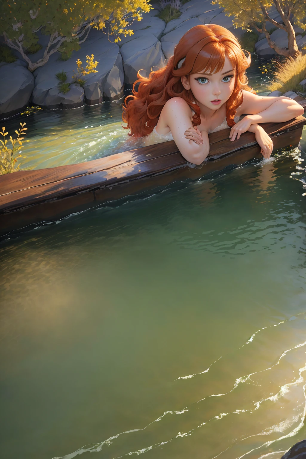 masterpiece:1.2, (best quality), ), (8k, 4k, ), viewed from the bushes, highly detailed:1.2, detailed face:1.2 ,(dynamic pose:1.2),( anna is bathing), 1girl, solo, green eyes, auburn hair, towel,  hair is loose, hair is wet, river