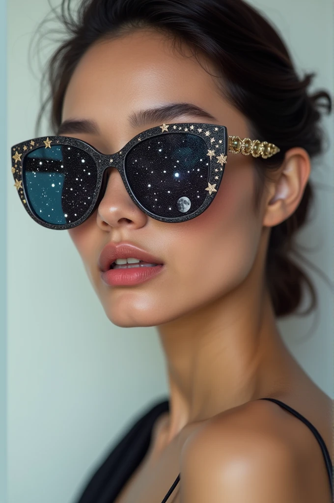 The model is wearing glass sunglasses with stars and the moon on the glass