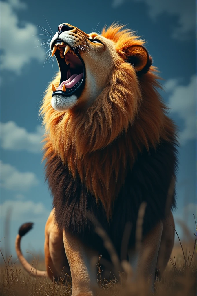 Create an ultra-realistic, 8K resolution image of a powerful lion roaring while looking up at the sky. The lion's fur is richly detailed, with every strand visible, showcasing the deep golden and brown hues. His muscular body is tensed, with veins and muscles defined, capturing the intensity of his roar. The lion's mane flows wildly, reacting to the force of his powerful roar. His sharp teeth and fierce eyes are prominently displayed, with the sky above being a deep blue, slightly clouded, adding to the dramatic and majestic scene."