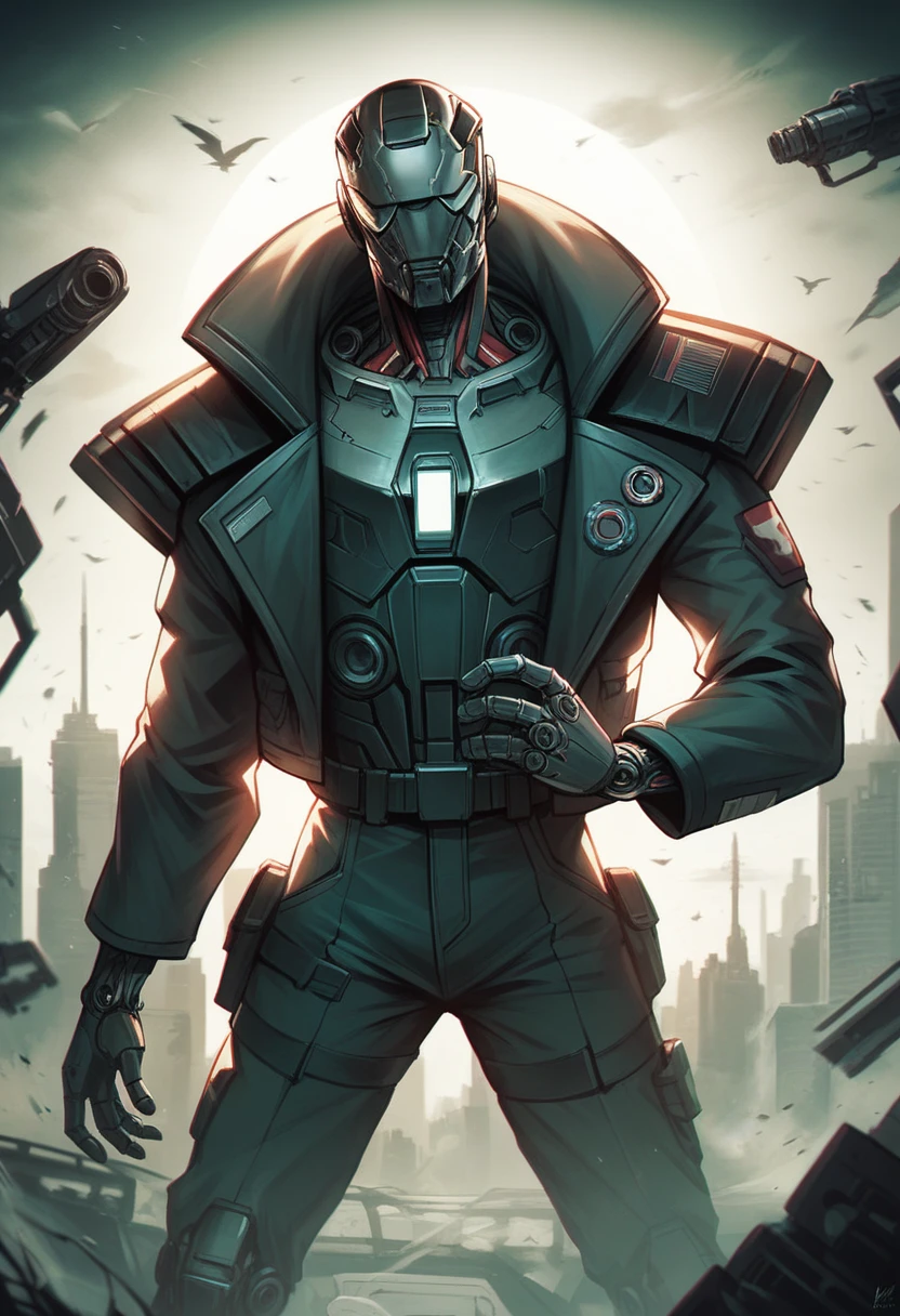 A dark fantasy cyberpunk scene, (best quality, masterpiece), white, 1 person, mechanical marvel, robotic entity, electronic guardian, wearing a cyberpunk jacket, city, high quality digital artwork, stunning art, 4k wallpaper, extremely detailed, military robot, army, war zone, black and white, high quality digital artwork, stunning art, 4k wallpaper, 8k, k, highres, unsurpassed masterpiece, dynamic lighting, cinematic, epic, damaged mechanical parts