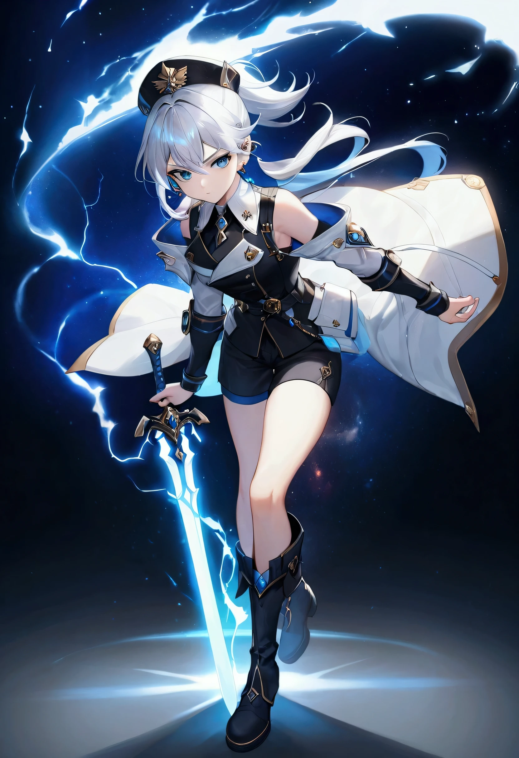 Create an image featuring a dynamic powerful female character with short ponytail silver hair and piercing blue eyes. She is wearing a detailed dark blue and black outfit with intricate white accents, including a high-collared modern style trench coat, armored shoulder pads, and a fitted bodice with ornate patterns and a commander hat. Her outfit also includes a shorts with layered fabric and thigh-high boots. The character is wielding a sword with a glowing tip, held confidently in her right hand. She stands in a powerful, poised stance with one foot slightly forward and her aura spread wide behind her. The aura are large and ethereal, resembling both space and time in shades of teal and blue lightning, giving the impression of both lightning and wind elements at play. The background is soft with light colors that complement the characterr's striking presence. sc-fi theme,