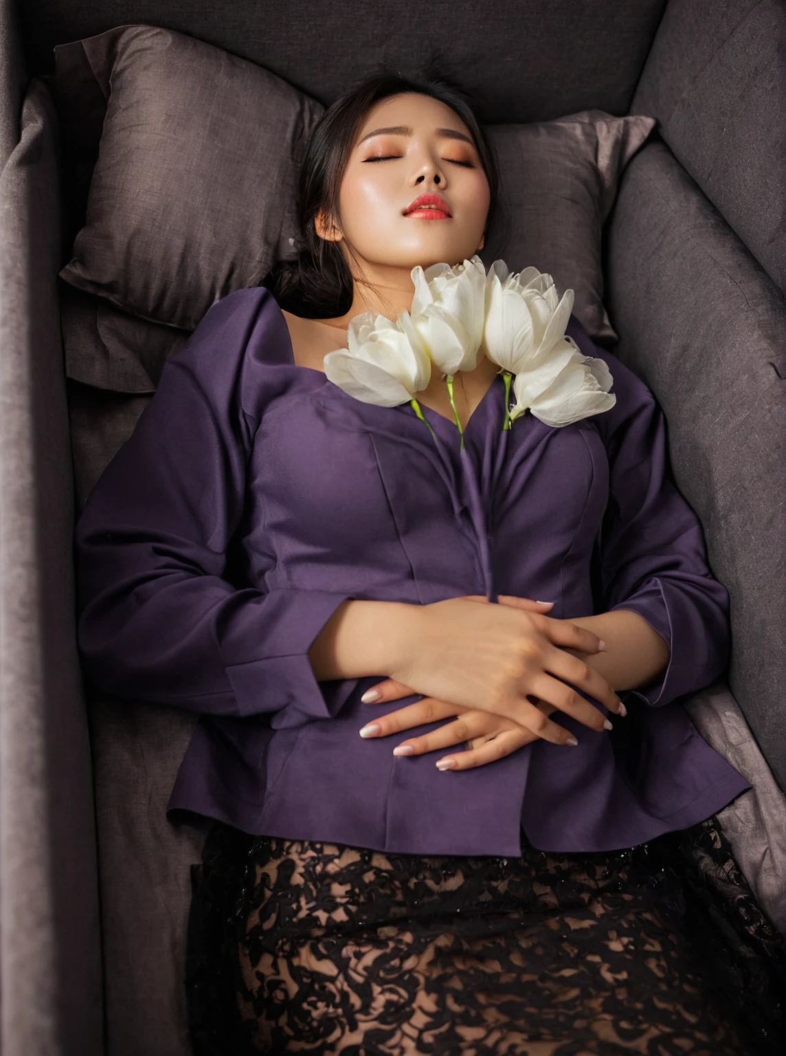In a striking 8K HDR scene, a stunning Korean woman, 22 years old, lies peacefully in a black coffin surrounded by plush pillows. The deep box is set against a rich black background, accentuating the beauty of the subject. Her exquisite deep-V neckline kebaya attire is embroidered with superb detail, showcasing her round and firm breasts, perfect cleavage, and beautiful eyebrows. Her closed eyes and mouth give an air of serenity, while her visible and absolute cleavage leave nothing to imagination. The scene is bathed in saturated colors, highlighting every intricate aspect from the ball skirt to her clean face, straight body, detailed hand perfect hands, straight body, straight arms, own hands together, own hand on stomach.
