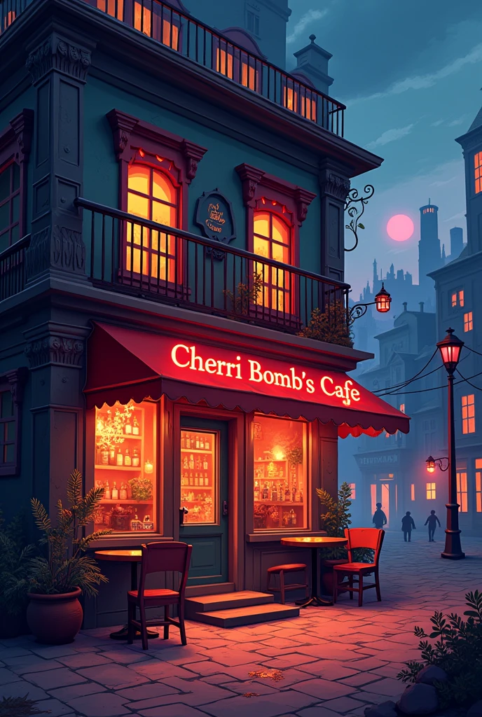 Infernal cozy horror empty café facade at hell, with chairs, tables and a bar coctel bar, cartoon animated in hell city, with a sign that says "Cherri Bomb's Cafe"