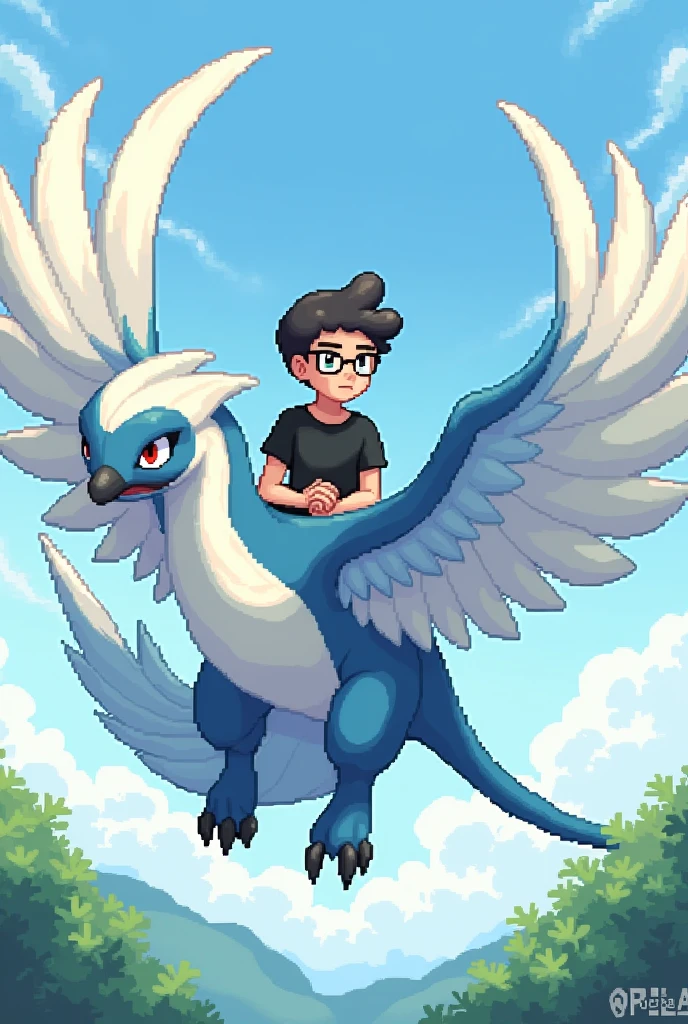 Create a pixel art boy riding a Pokémon named, "lugia". This guy is wearing a black t-shirt and glasses. This guy has a short mustache and wears his hair short and shaved..