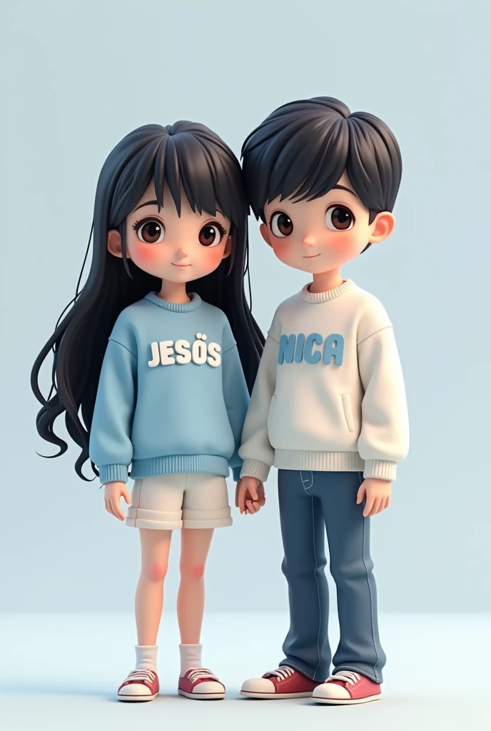 iMaria Bryan Cute white cartoon style of a couple looking at the front, wearing white and blue sweaters, she has long black hair with name " JESÚS  ".   He has straight hair with name "NICA", portrait photography, fashion, anime, photography, 3d rendering.