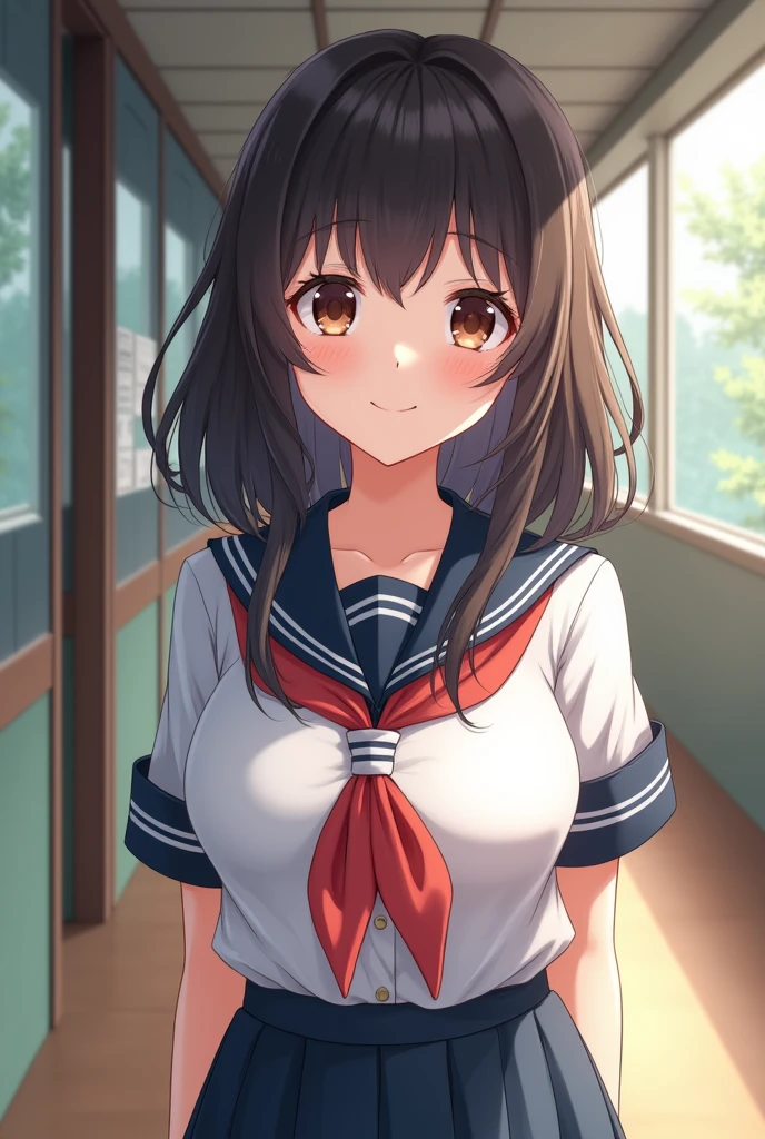 low length、Big Breasts、Large Breasts、15 years old、smile、Photorealistic、Realistic beautiful girl、School uniforms、Natural lighting、I can see your chest、from the front