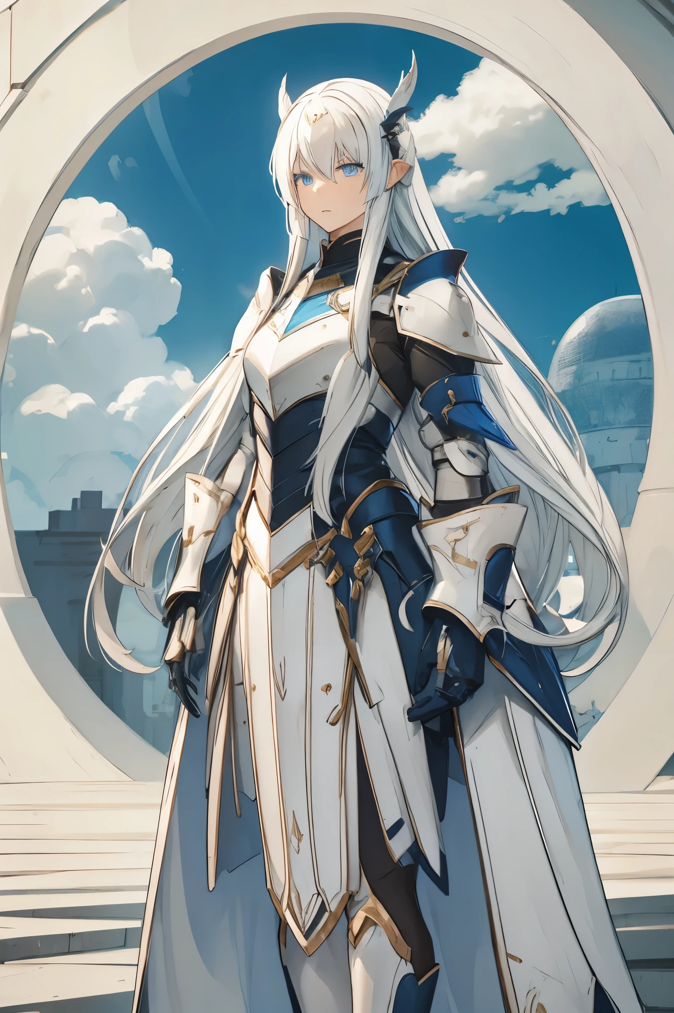 make, white hair, blue eyes, armor, long hair