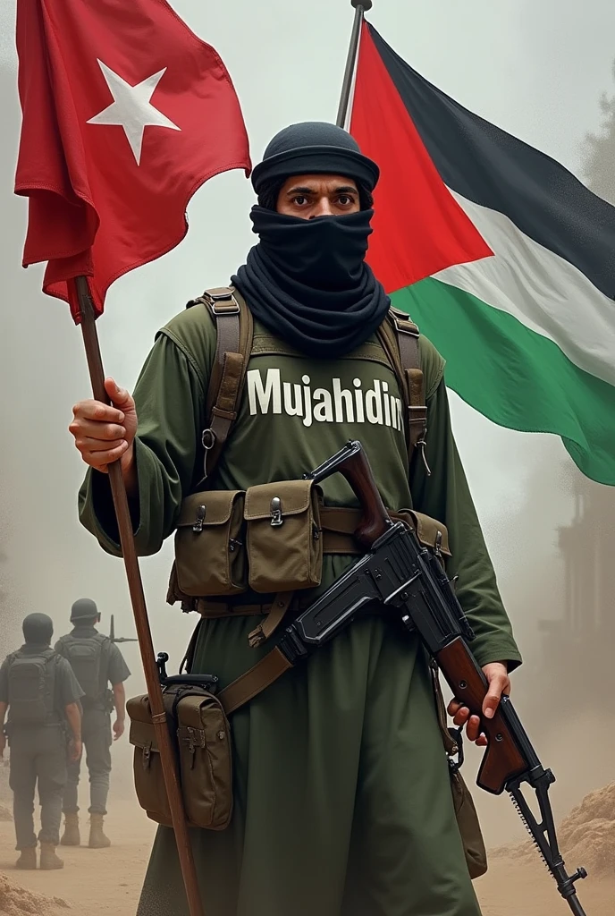 A mujahid holds the Turkish and Palestinian flags and on his shirt there is the word Mujahidin and many weapons and swords.