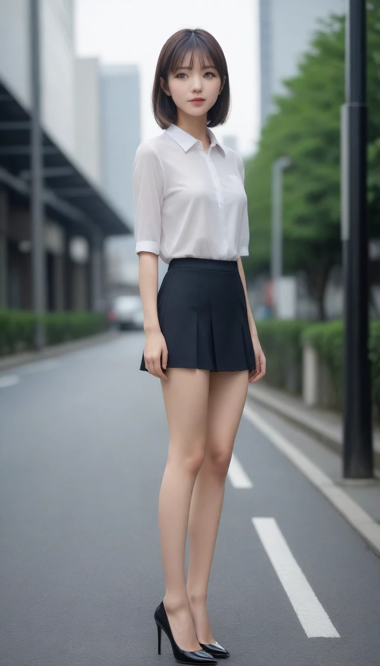 8k, photo realistic, Scores 9, 8, 7, 6, full-body portrait, detailed, very sharp, vivid, solo, Tokyo street,  high heel, very long legs, small face, tall, beautiful eyes, beautiful thighs, lingerie,  short hair,  front low view,  (((low angle:1.5))), beautiful medium breasts, slender,  the most beautiful woman, double eyelid, beautiful japanese woman, 25 yo, slim beautiful legs,  very short micro mini skirt, sit on guardrail, off_sholders, show off pantie, show thighs, look down viewer,