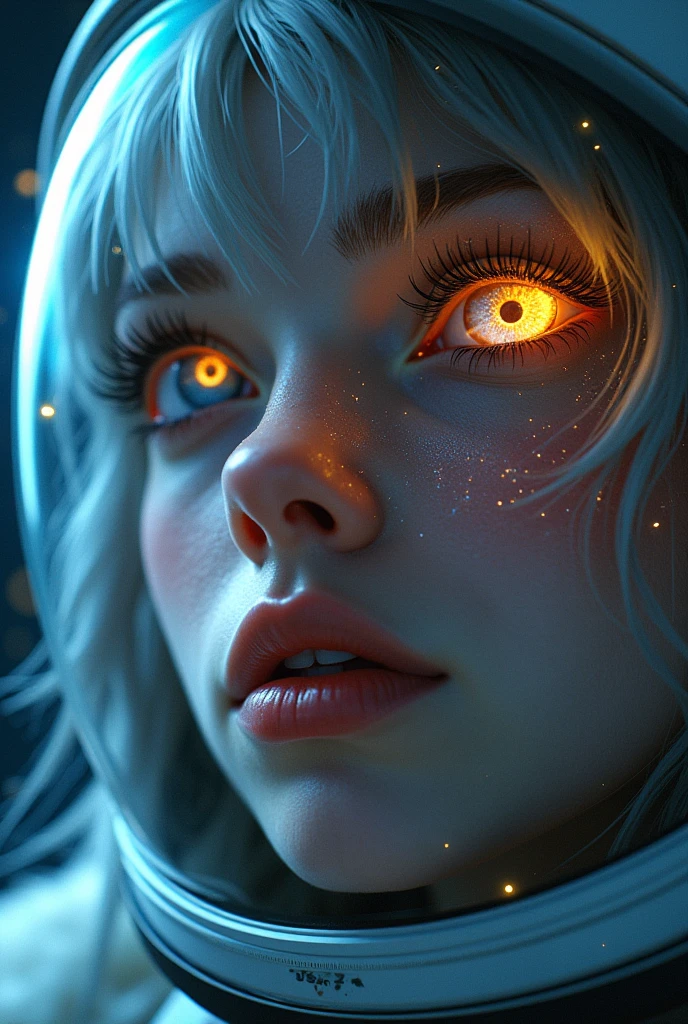(Close-up of a better masterpiece:1.5)0.9], (Space and astronauts:1.2) (Messy silver hair:1.1) (Heterochromia xanthochromia and blue eyes:1.2) (Space Helmet:1.0) (Colored stars in the eyes:1.0) (A radiant glow:1.1) (thick lips:0.9)
