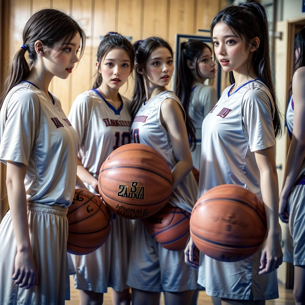 ExtremelyDetailed (((Basketball Team Girls in a row:1.4))), Childish perfect face, Reflective Eyes, Detailed(Delicate Clothing textures), Corrected Leg to Foot Line, Corrected Perfect Hand, Dynamic Joyful Expressions LifeLike Rendering, ((Specular Reflection:1.28)), TopQuality 8K Ultra-detailed masterpiece (ProfessionalPhoto:1.37)(Acutance:0.8),(Luminism:1.22), Locker room (Exposed) (Changing clothes)