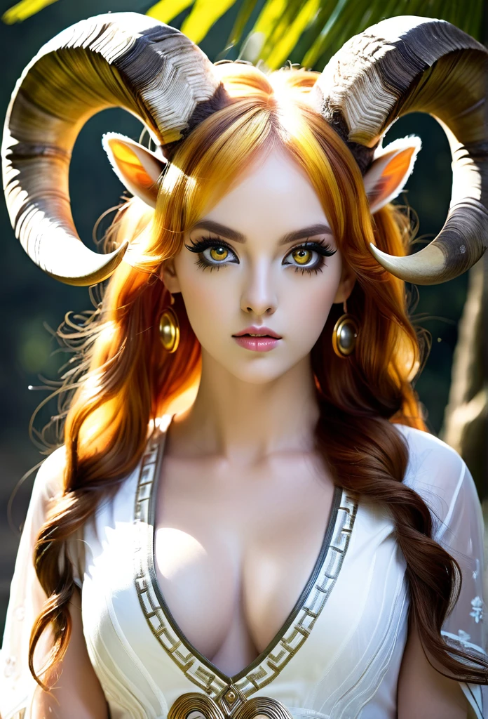 A famale, amber hair, white eyes, Big Ram Curved Horns, HD, UHD, 4K