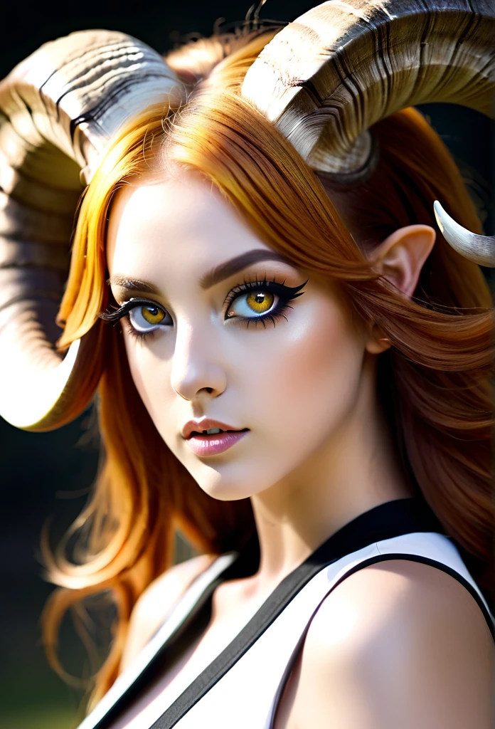 A famale, amber hair, white eyes, Big Ram Curved Horns, HD, UHD, 4K
