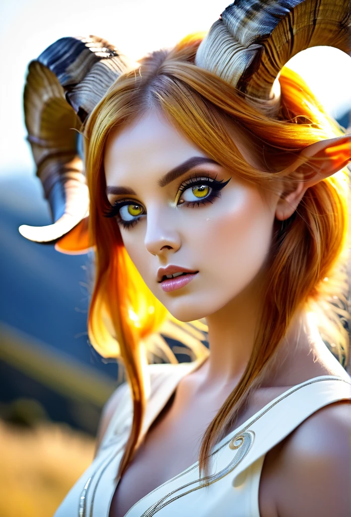 A famale, amber hair, white eyes, Big Ram Curved Horns, HD, UHD, 4K