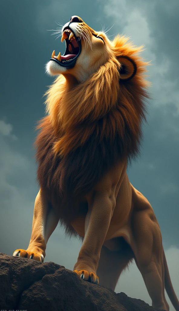 Create an ultra-realistic, 8K resolution image of a powerful lion roaring while looking up at the sky. The lion's fur is richly detailed, with every strand visible, showcasing the deep golden and brown hues. His muscular body is tensed, with veins and muscles defined, capturing the intensity of his roar. The lion's mane flows wildly, reacting to the force of his powerful roar. His sharp teeth and fierce eyes are prominently displayed, with the sky above being a deep blue, slightly clouded, adding to the dramatic and majestic scene."