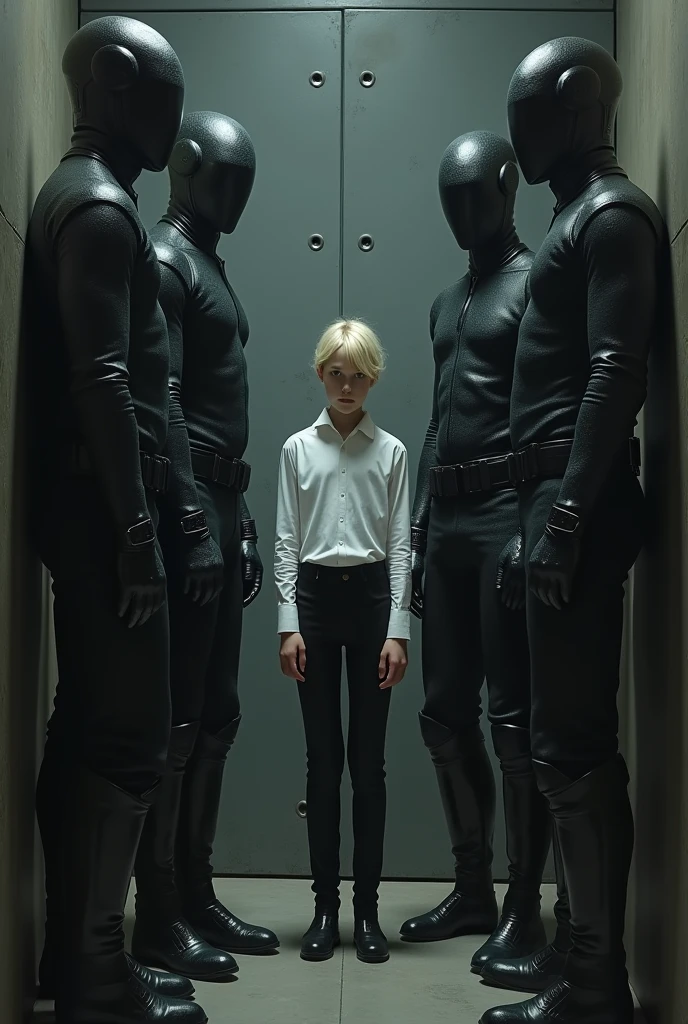 I didn't know what I was facing, But what she saw left her speechless.: There were three guards in dark clothes., It looked like metal or something similar. They looked very uncomfortable., In the middle there was a young man a little shorter than them. Her hair was blonde and she wore very elegant clothes., a very well buttoned white shirt, and some pants of another style.