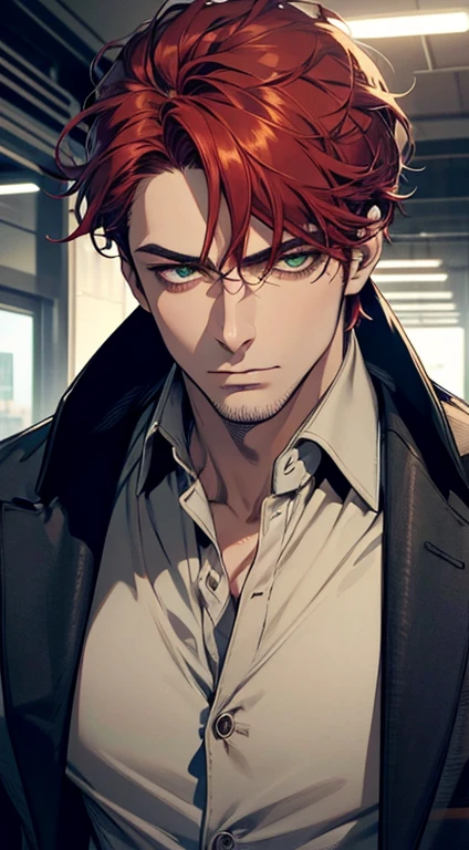 a mature man, 34 years old, handsome, cold expression, short red hair, green eyes, perfect face, buttoning his jacket, CEO, ultra detailed, hyperrealistic, studio lighting, cinematic lighting, 1:4 hdr, photorealistic, masterpiece, beautiful, sharp focus, ultra-fine details, vivid colors, professional