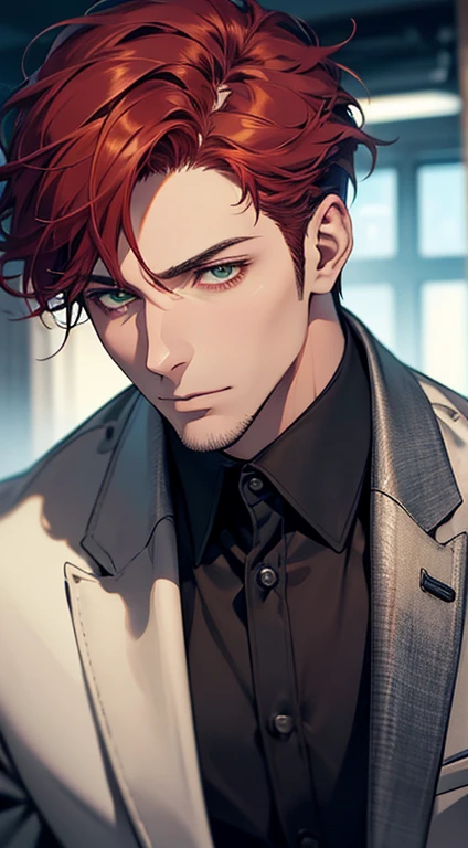a mature man, 34 years old, handsome, cold expression, short red hair, green eyes, perfect face, buttoning his jacket, CEO, ultra detailed, hyperrealistic, studio lighting, cinematic lighting, 1:4 hdr, photorealistic, masterpiece, beautiful, sharp focus, ultra-fine details, vivid colors, professional