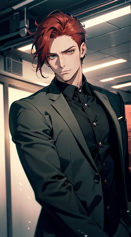 a mature man, 34 years old, handsome, cold expression, short red hair, green eyes, perfect face, buttoning his jacket, CEO, ultra detailed, hyperrealistic, studio lighting, cinematic lighting, 1:4 hdr, photorealistic, masterpiece, beautiful, sharp focus, ultra-fine details, vivid colors, professional