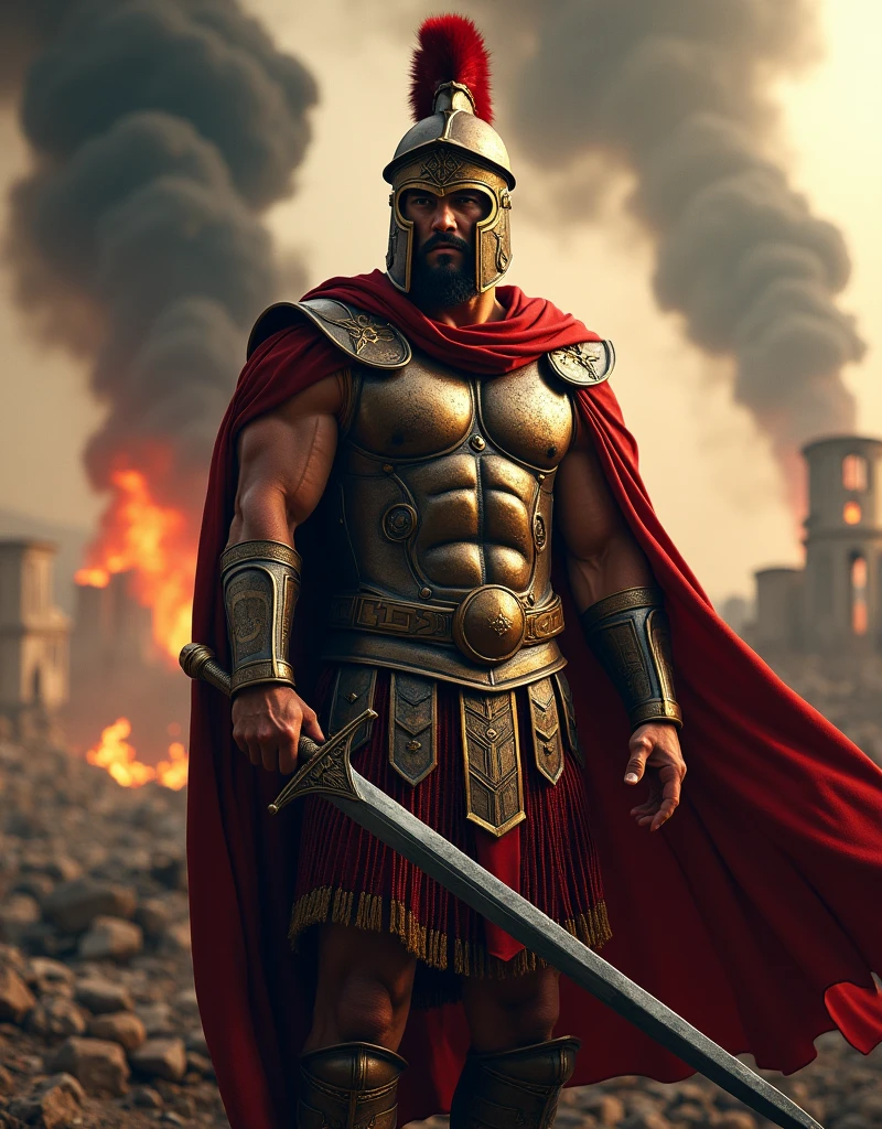 portrait photo of a spartan warrior holding a sword in a battle field, his red cape flowing in the wind, ruined city with fire and smoke in the background,