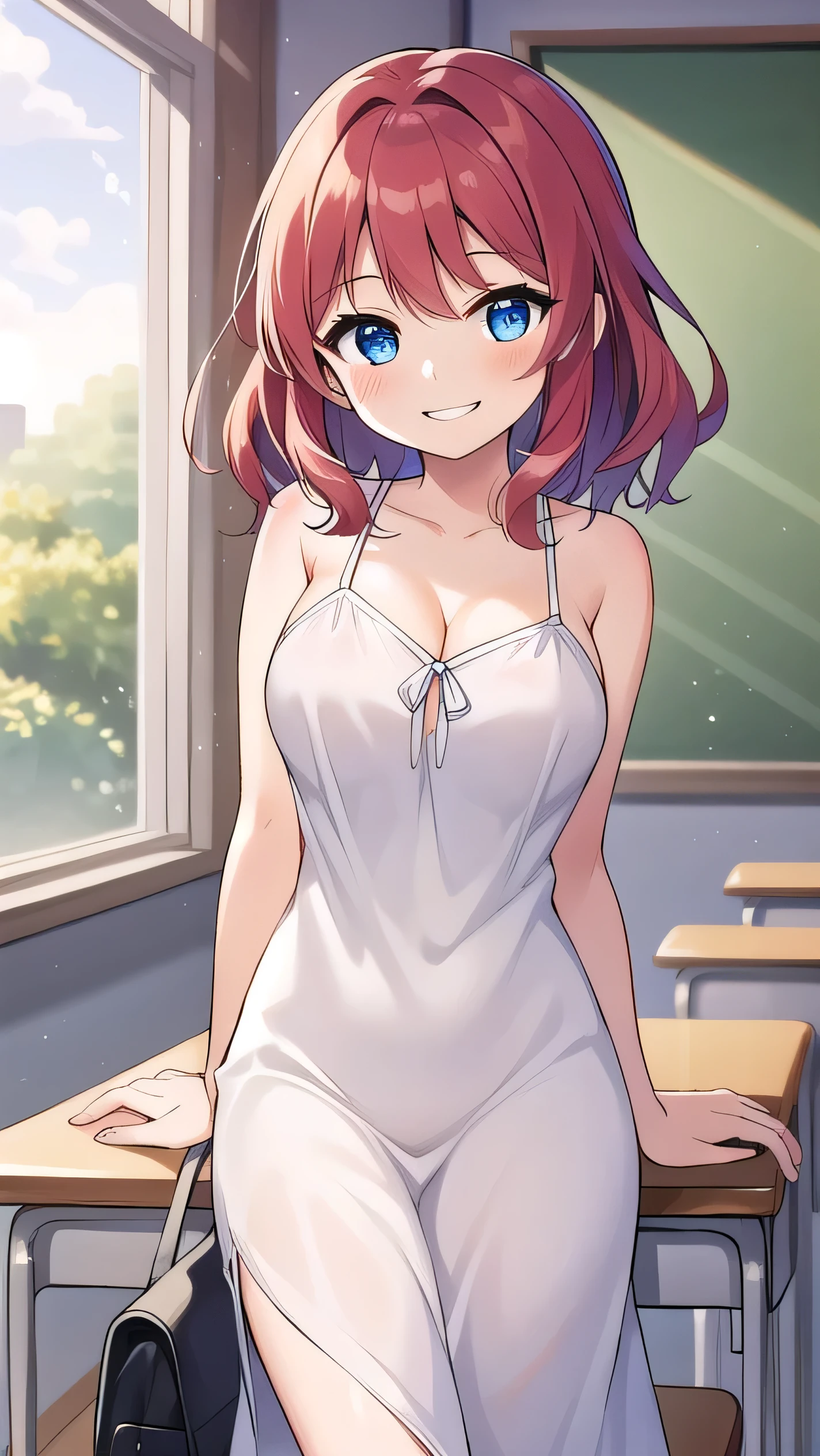 Big breasts, red hair, blue eyes, droopy eyes, super big breasts, (medium hair: 1), baggy clothes, young face, short height, , shy Agari, smiling a little, in the classroom, , soft hair,straight hair , gentle smile, a little smile ,kind smile,pussy are visible, Slip Dress