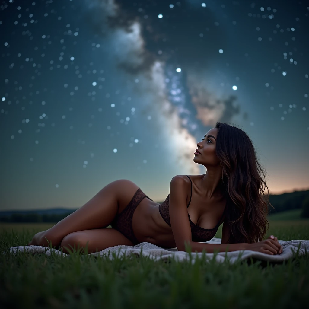 generate a master photograph describing a shapely Woman, a serene summer night sky filled with stars and a clear view of the Milky Way, with a tranquil atmosphere, (8K, best quality), she has a physique like Zendaya, long sleeves,  smile, brown hair, black hair, (big chest, small tiny waist, big breasts), half body, lying on a blanket on the grass, gazing up at the stars with a look of wonder, smiling gently, wearing casual home attire, (She has sexy buttocks, Most sexy booty, Most sexy glutes), Womanly, Womancore, (She has fit hips, sexy hips, sexy fit hips, extremely sexy hips), (asian skin, glistening skin, beautiful complexion), shot on Fujifilm superia, (Studio soft light, high detail, cinematic lighting, rim lighting), Style: (hyperrealistic, by DynastySeries FashionNova, photo, {{{masterpiece photography}}}, analog photograph, professional fashion photoshoot, trending on artstation, synthwave, krrrsty), Quality: (photographed, masterpiece, highest resolution), Definition: (highres, sharp focus, 8k uhd, ultra photo-realistic resolution), Film: (80 mm, shot on portra 120, shot on Fujifilm), Resolution: (extremely detailed, (sharp focus:1.5), cinematic lighting, dramatic lighting, ultra photo-realistic), luxury: mohawk hairstyle    