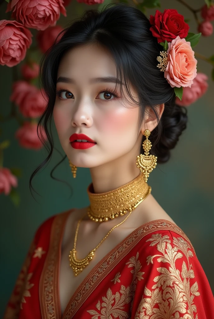 photography, woman, portrait of woman wearing Indonesian_high_school, red lipstick, golden necklace, earrings, ornate, detail, flowers, blurry background, soft focus