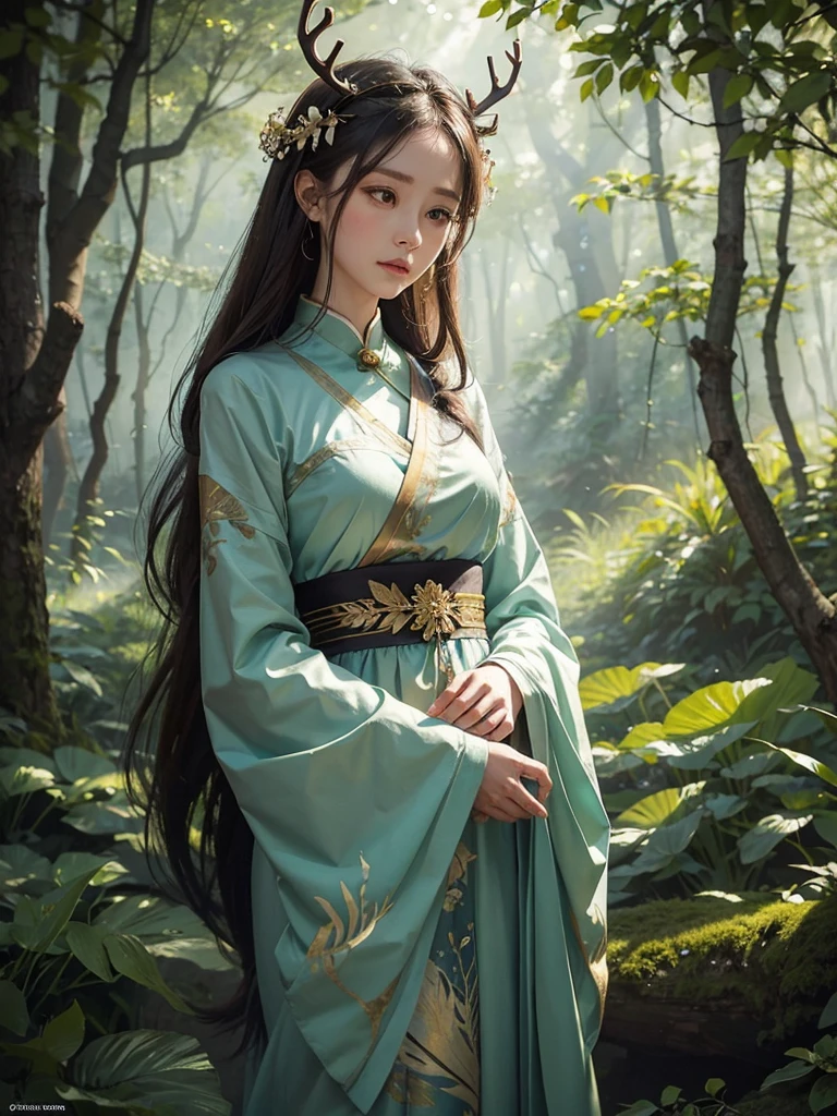 A mystical painting of a 鹿女 with elegant antlers and graceful limbs, adorned with spots and deer-like features, standing in a sunlit forest glade. The background features tall trees and soft, dappled sunlight filtering through the leaves, creating a serene atmosphere. The 鹿女 is depicted with a gentle expression, her eyes glowing with a soft green light as she channels her healing and nature-controlling abilities. Created Using: watercolor style, impressionist influence, soft brush strokes, warm color palette, naturalistic details, ethereal，Close shot，Positive face