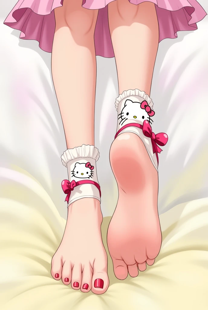 Female feet wearing Hello Kitty panties held up at the ankle in anime style