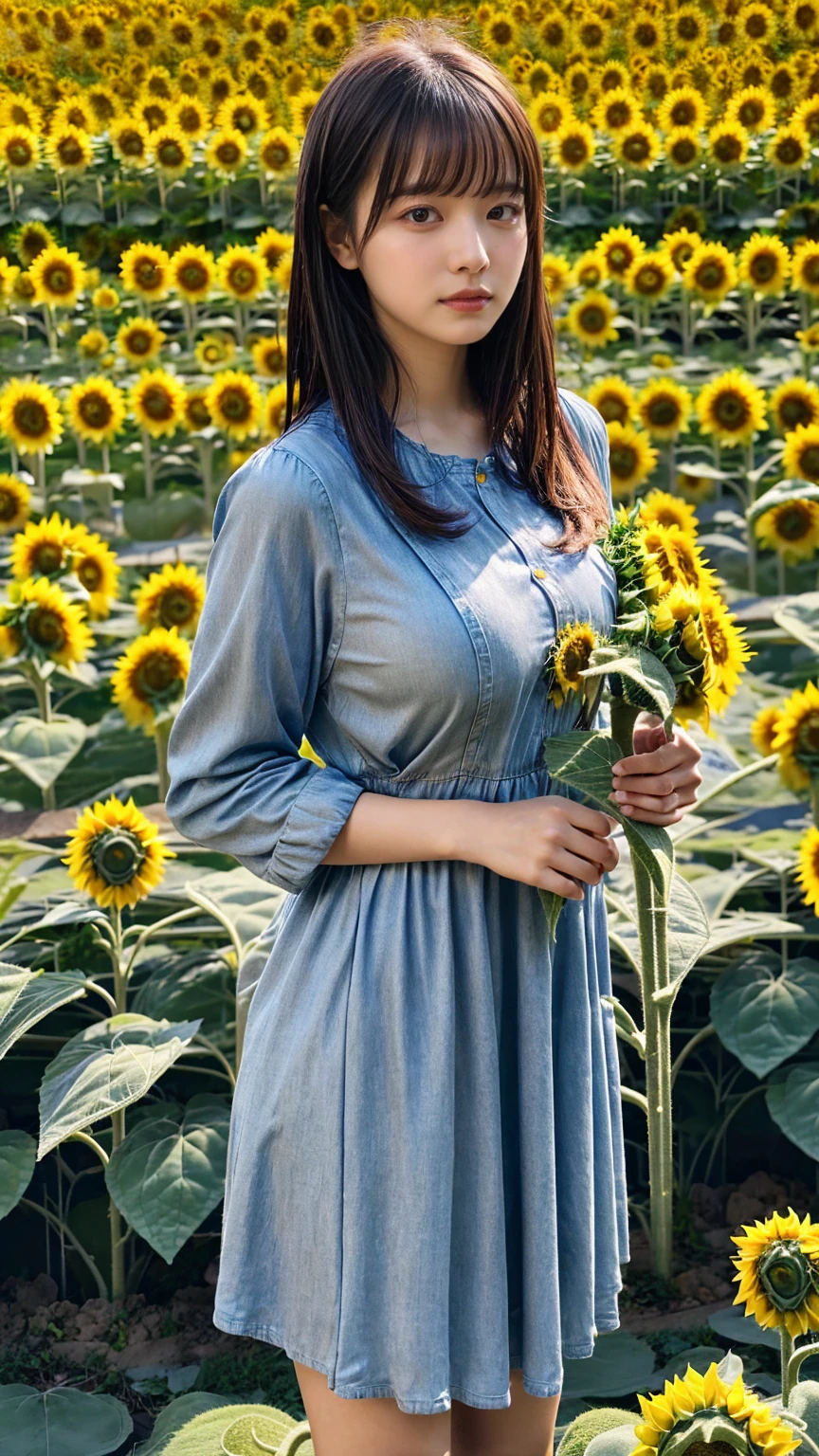 (8K, RAW Photos, Highest quality, masterpiece:1.2), (professional photography, full colors, studio-caliber color grading), (Gravure quality for high-end fashion magazines), close up, BREAK,18 year old girl, (straight hair:1.1), crying a little, Harajuku style, Big Natural Color Lip, (Plumpy body (smooth skin.1 (huge breasts BREAK (((casual dress.3)), BREAK (Sunflower field background)、
